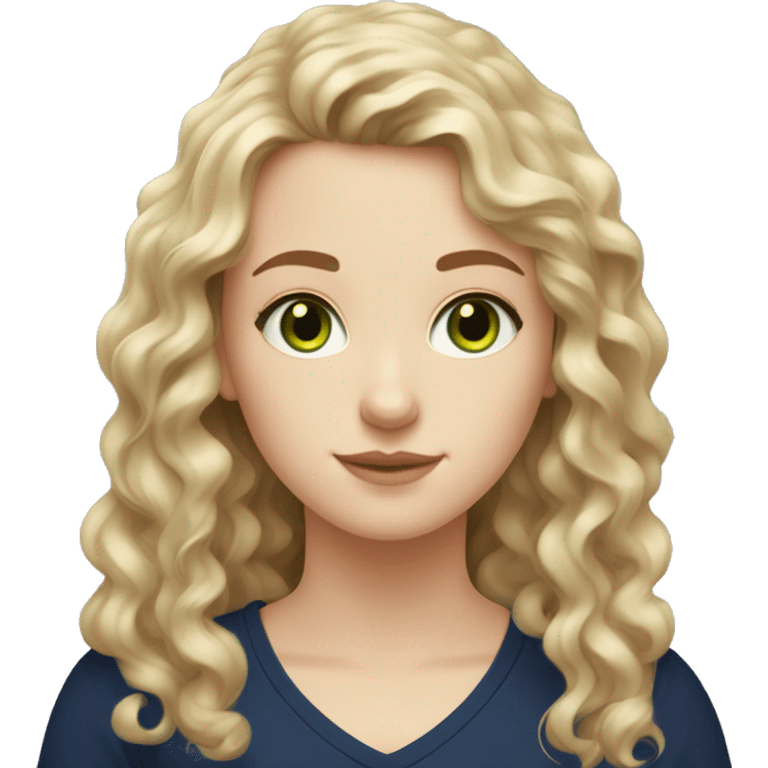 A pale white girl with slightly dark golden curly hair that reaches her chest long, green eyes with a mole next to her left eye and with a navy blue shirt emoji