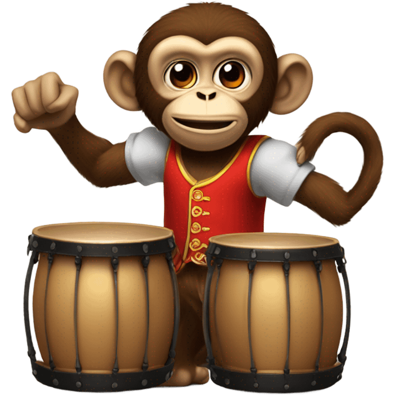 the monkey is beating the kettledrums and is wearing a red vest emoji