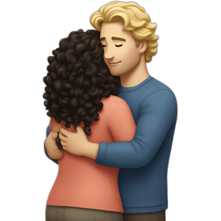 White man with dark curly hair hugging a blonde big woman emoji