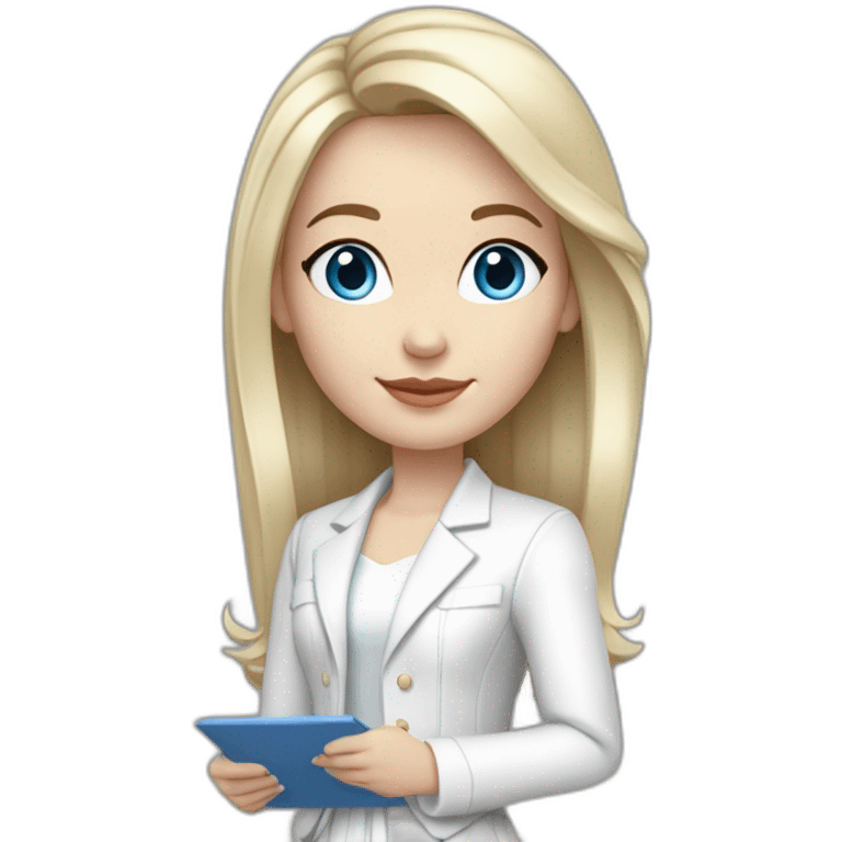 pale skin woman with blonde middle length straight line hair, blue eyes, White classical jacket, Gray Palazzo pants holding a color palette in the hands emoji