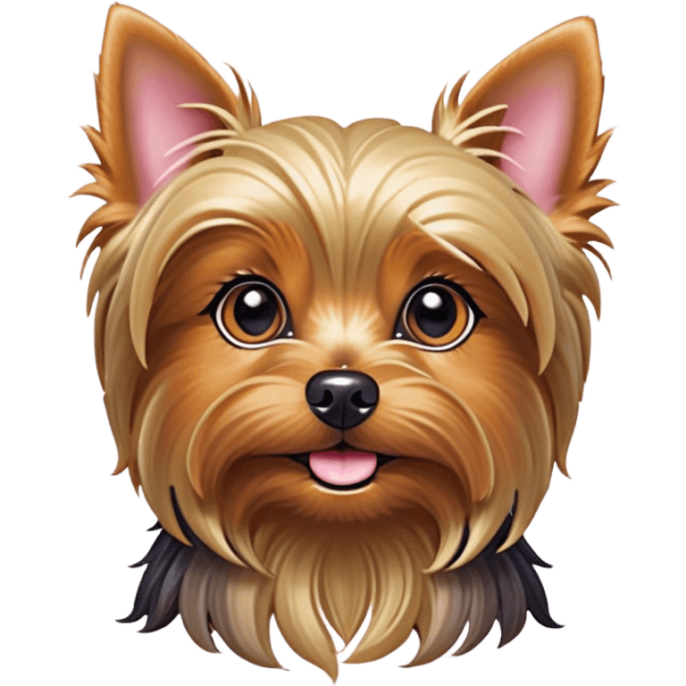 Cinematic Cute Yorkshire Terrier Portrait Emoji, Head perked with bright, twinkling eyes and a perky expression, showcasing a soft, silky fur in rich hues, simplified yet adorably detailed, glowing with a cheerful, inviting glow, high shine, exuding playful intelligence and spunky charm, styled with a gentle, whimsical outline, capturing the essence of a cute Yorkshire Terrier that appears ready to frolic off the screen with irresistible energy! emoji