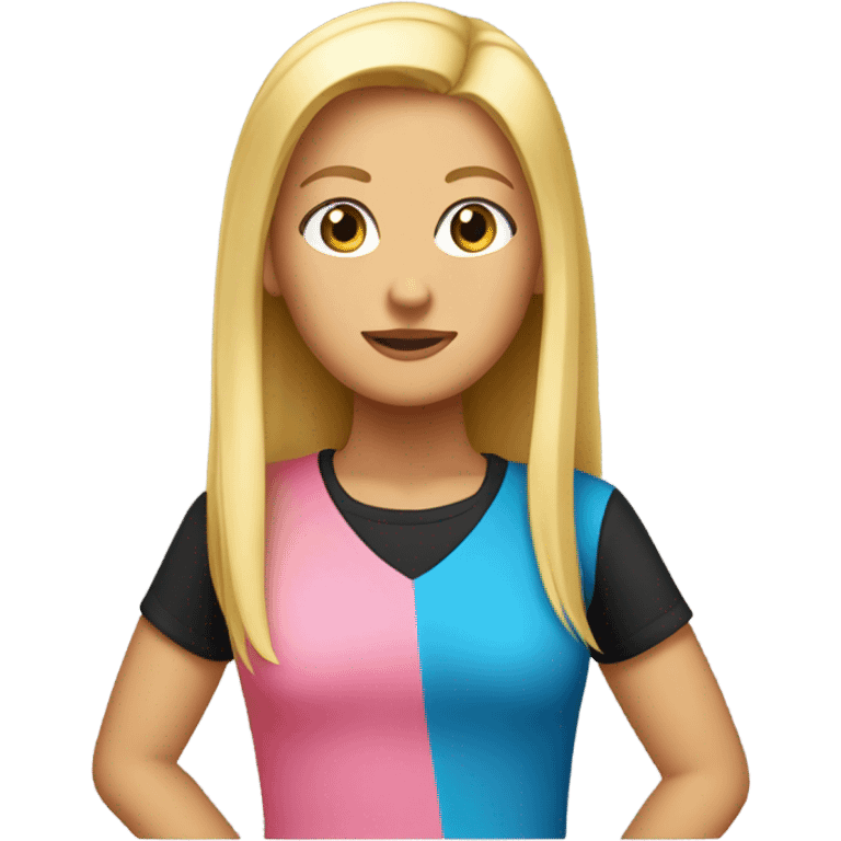 tall tanned girl with long straight blonde hair, blue eyes, she wear so much make-up, has a pink t-shirt and a black skirt emoji