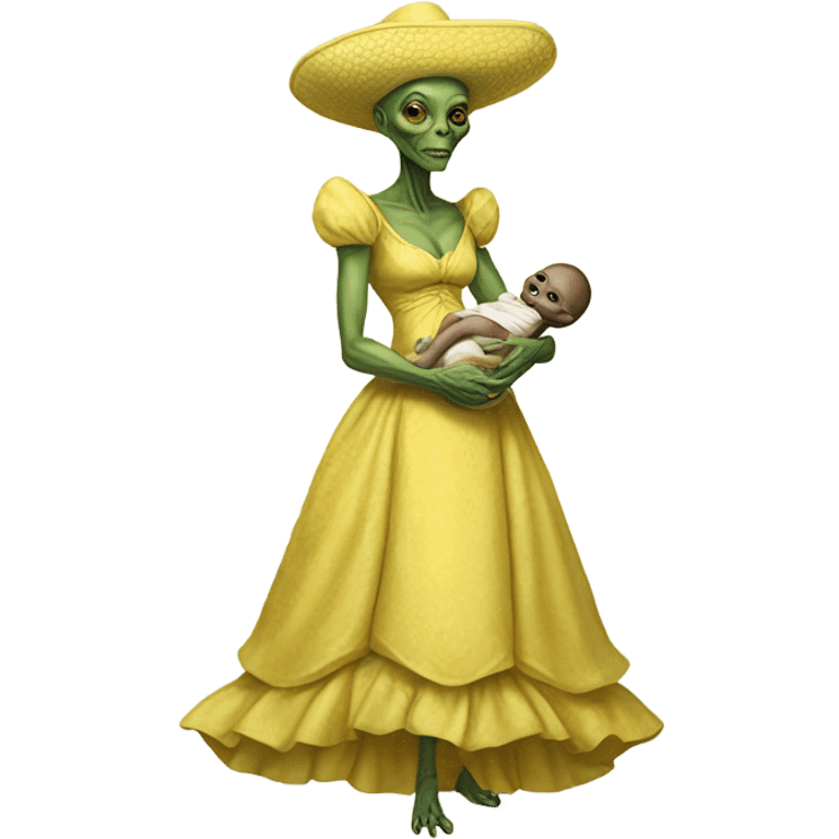  Reptilian alien woman, full body, in victorian jellow elegant dress, holds a newborn humman baby emoji