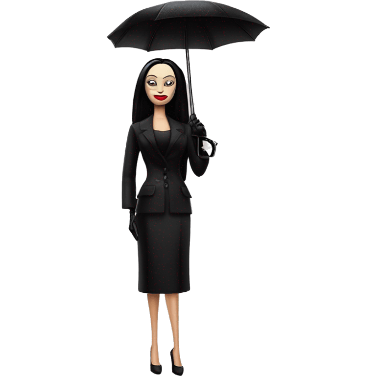 Morticia Addams at a rainy funeral holding umbrella. funeral mask,gloves, small purse.Gal on the Go Barbie  emoji