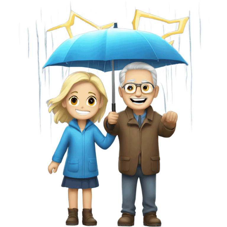 happy girl and old man in the rain with lightning emoji