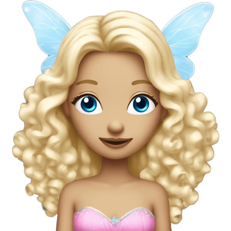 Fairy, a blonde hair with blue eyes and a pink dress with sparkly wings. White wings. The fairy has long and curly hair with a lot of volume emoji