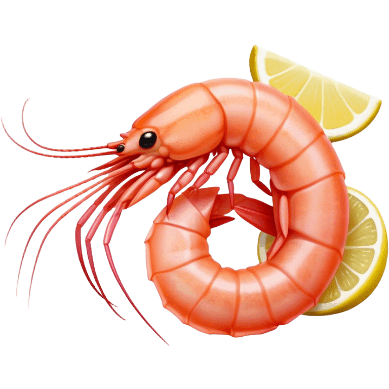 Cinematic glistening shrimp, pink and juicy, slightly curled with a light char, served with lemon wedges, ultra-detailed and fresh, warm glowing background. emoji