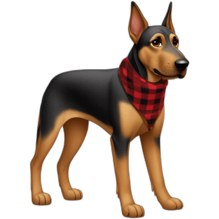 adult 75% Coonhound 25% German Shepherd mix dog with visible tail wearing small pointed red buffalo plaid bandana full body walking left quickly emoji