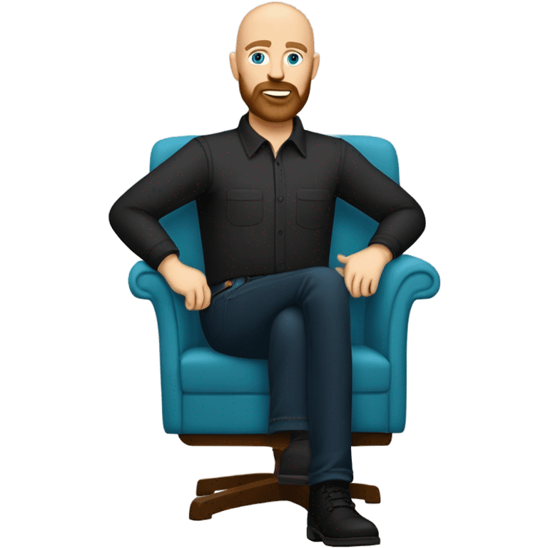 Bald, Caucasian, sky-blue-eyed, Psychotherapist in a modern colorful chair. He has a brown full beard and he’s Wearing a black dress shirt with a subtle pattern, blue jeans and black Chelsea boots with his legs separted leaning forward  emoji