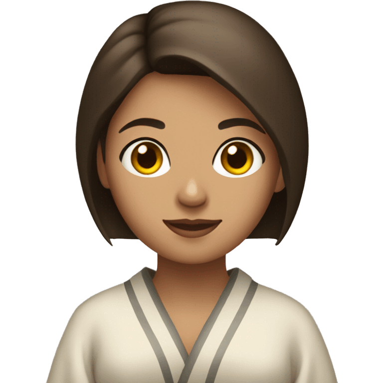 brunette with short hair in a robe with a cup in her hands emoji