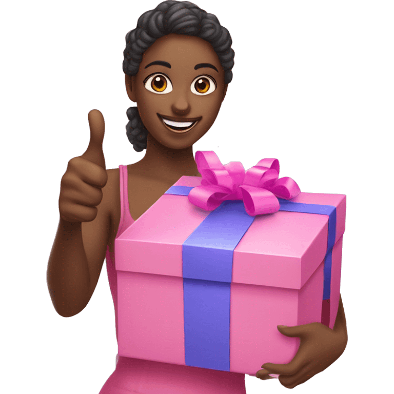 white skinned influencer advertising pink gift box in hands and thumbs up emoji