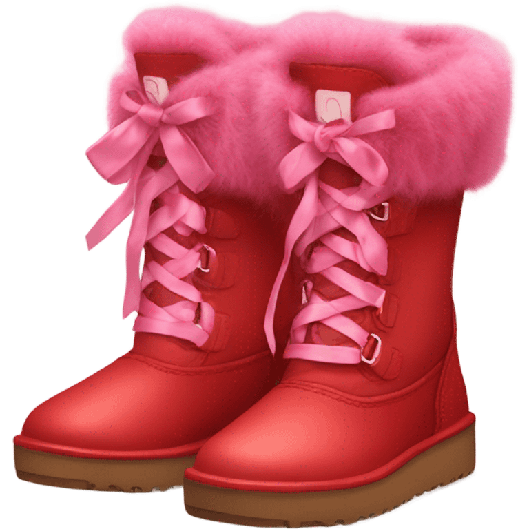 Pair of hypre realistic Red Ugg Fur Boots laced out with pink silk ribbon laces at the back of them. emoji