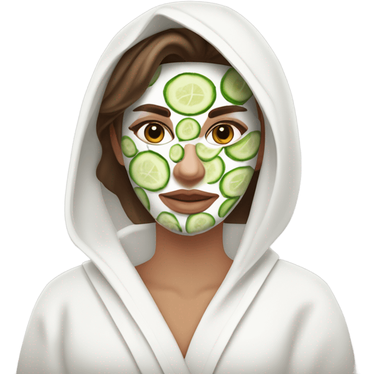 White girl with Brown hair and blue eyes wears a Green colored skincare clay textured mask and puts on cucumbers around her eyes while She relaxes in her white Robe emoji