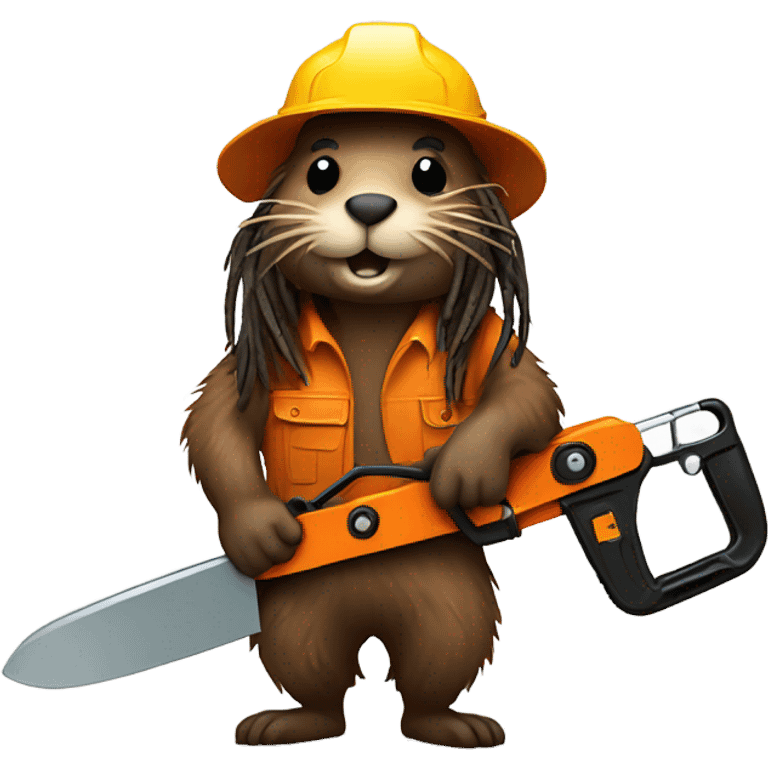 Beaver with dreadlocks wearing climbing gear holding a chainsaw  emoji