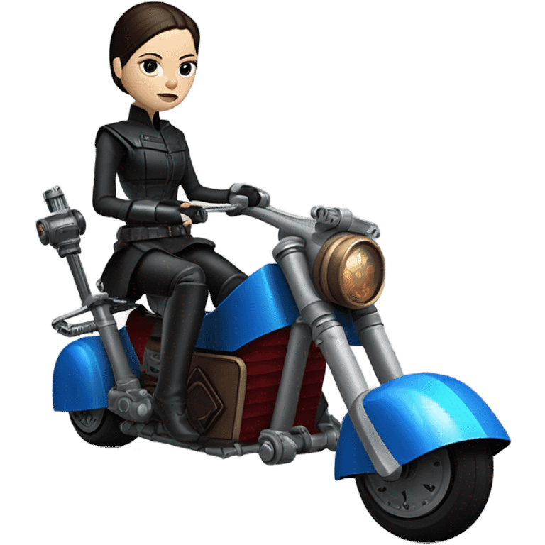 Jedi bounty hunter Wednesday Addams racing in a modern blue,red and pewter steampunk electric luxury flying speeder bike from Star Wars  emoji