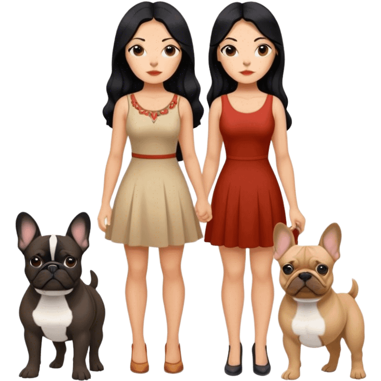 latin woman in a dress with long black hair standing alongside two French bulldogs  emoji