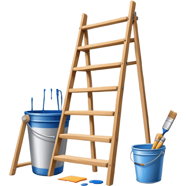 Create an icon that represents the hobby of wall painting. The design should feature a wall with a beautiful, frameless painting in progress. Include a paint bucket with brushes and rollers, as well as a wooden ladder, symbolizing the process of creating the artwork. The wall should have visible brush strokes, indicating the work in progress. The composition should be harmonious and balanced, reflecting both the artistic and practical aspects of wall painting. The background should be transparent. emoji