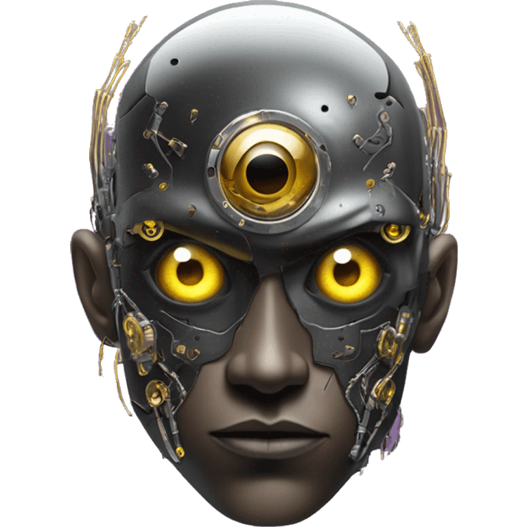 black metal male cyborg head with artificial eyeball, circuitry and wispy yellow gold hair emoji