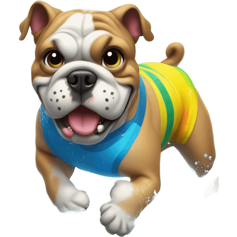 Bulldog in swim shorts in Costa Rica in the ocean  emoji