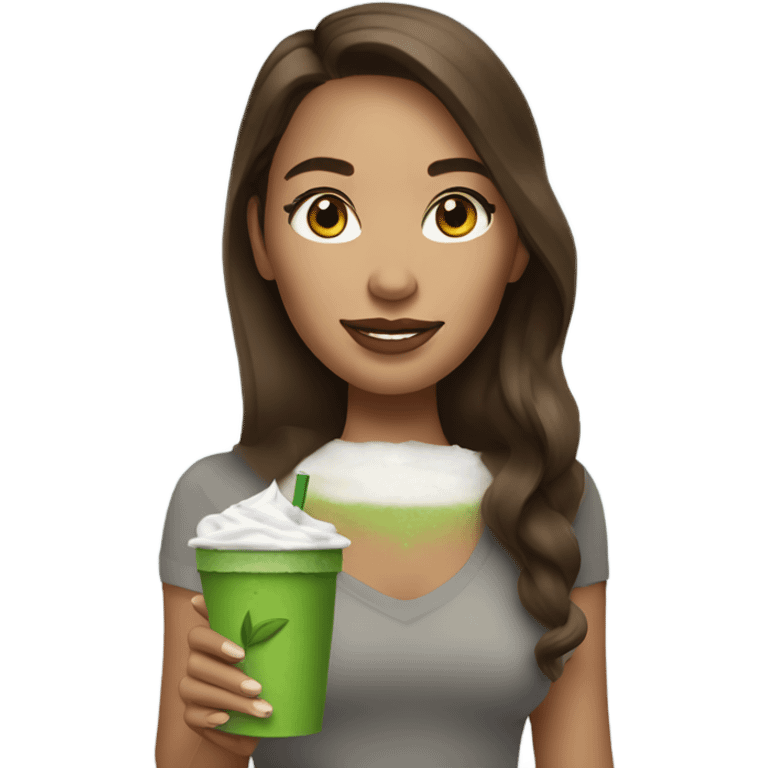 Woman with long brown hair drinking iced matcha wearing AirPods  emoji