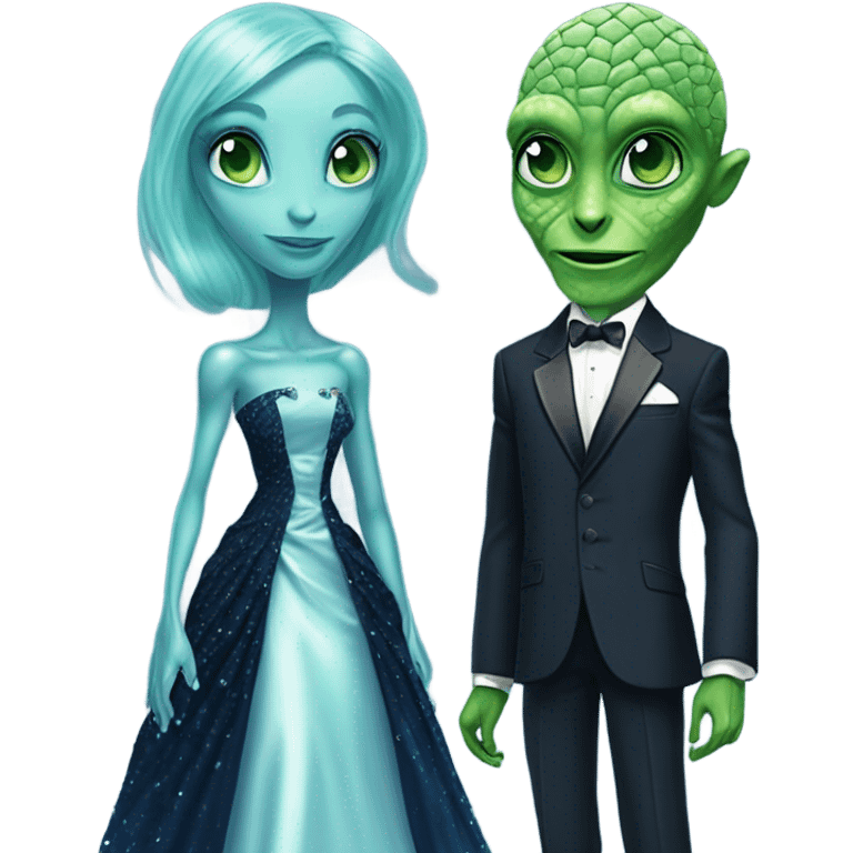 green reptilian alien woman, in long slim pastel blue formal party satin dress with gradient shiny sparkling navy blue diamonds embroidered , and caucasian man in black dress emoji