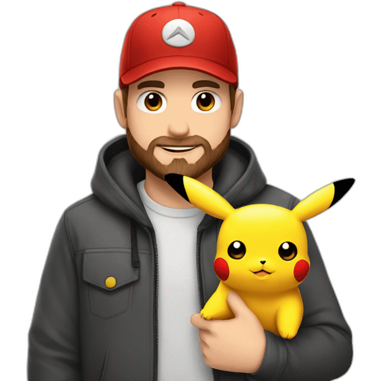 white man with brown hair and beard and a red cap, holding and a pikachu pokemon emoji