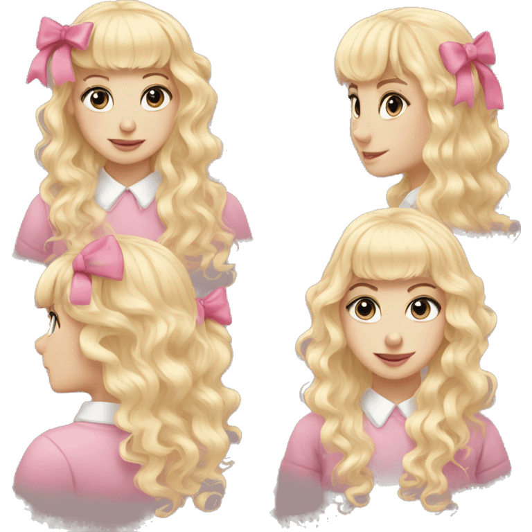 Blonde, pale girl with bangs and curly, long hair with pink bows  emoji