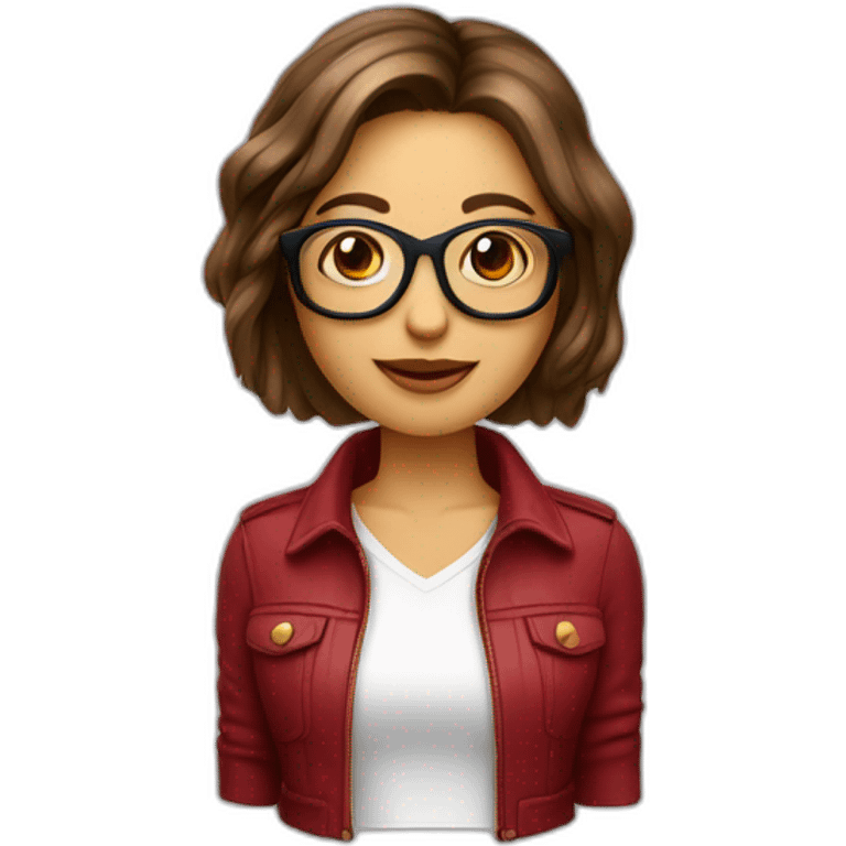 mujer pelo bob castaña con mechas rubias y ojos marrones con gafas color rojo emoji