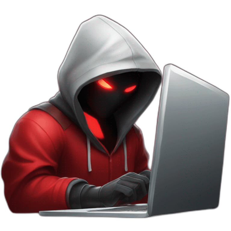 developer behind his laptop with this style : Riot Games Valorant dark red glowing bright red character red black hooded assassin themed character emoji