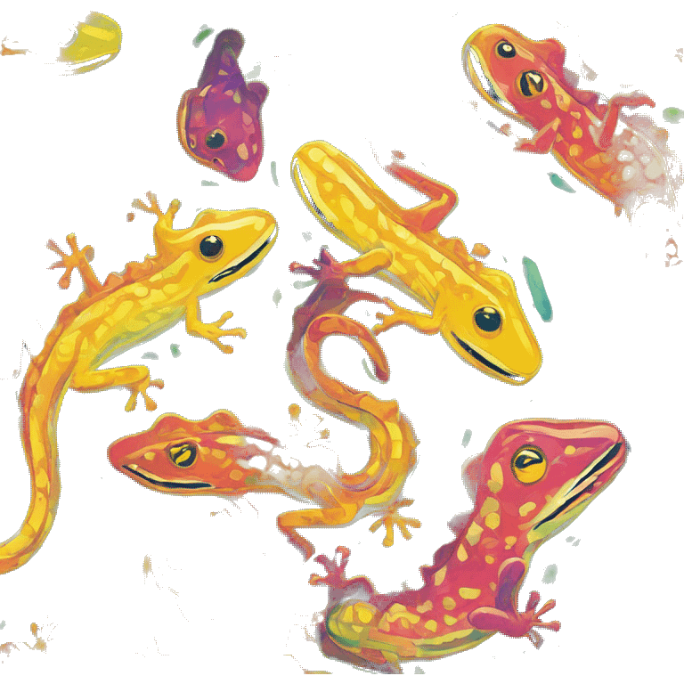 Abstract quirky funky made of different shapes gecko and squiggles linocut multicoloured illustrations  emoji