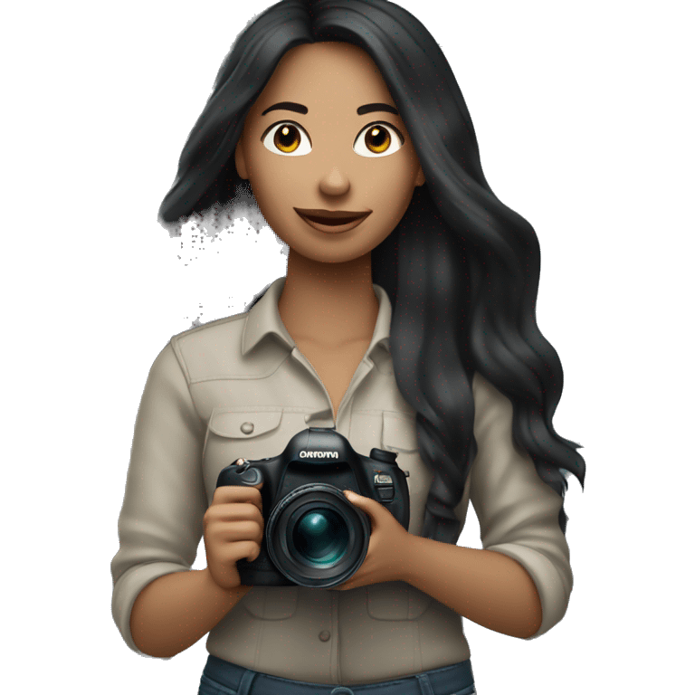 women photographer with long black hair and light skin holding a camera canon emoji