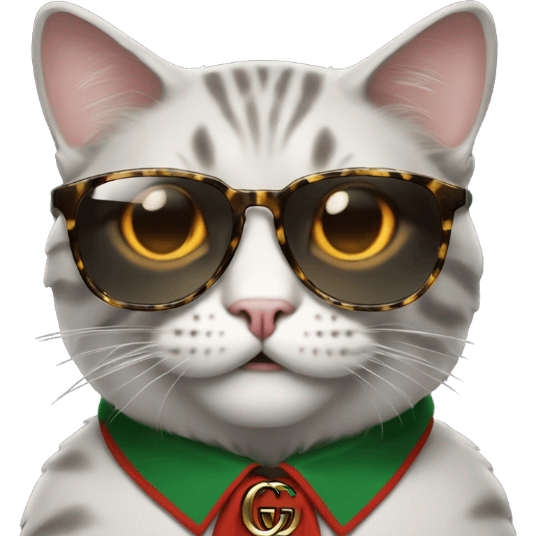 cool emoji cat, wearing gucci glasses, with glowing grills and fangs emoji