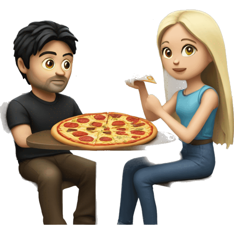 karl urban sitting at a table eating pizza with small white girl with black hair emoji