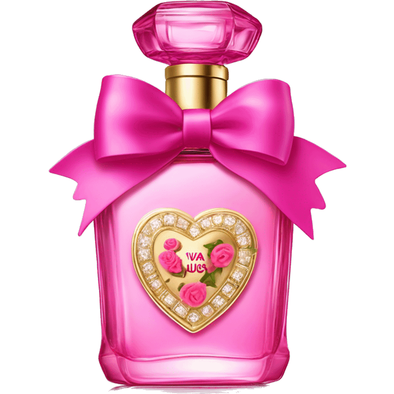 Viva la juicy parfume with a pink bow and gold writing with roses on the bottle emoji