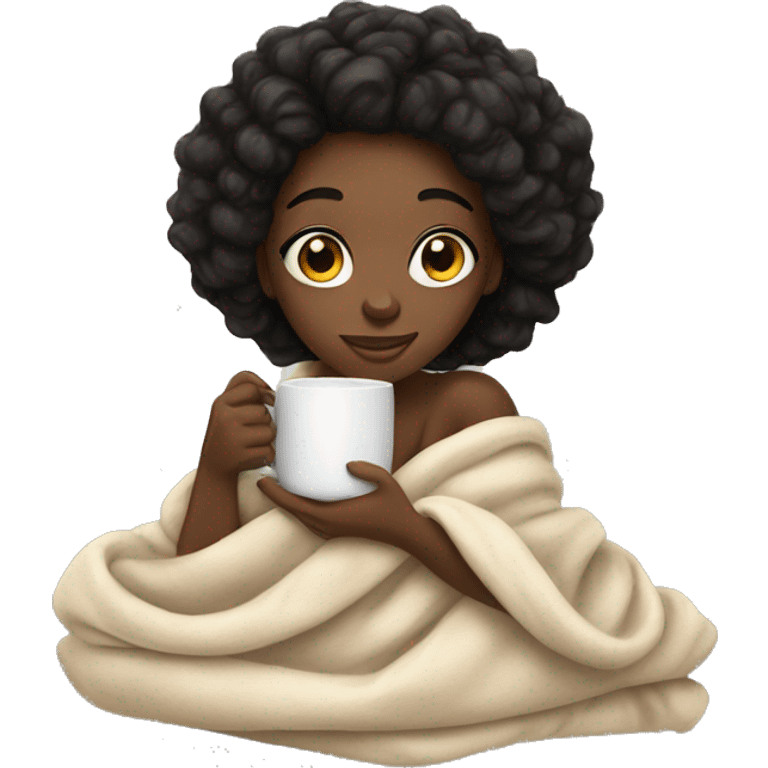 a black girl curled in a blanket with tea mug emoji