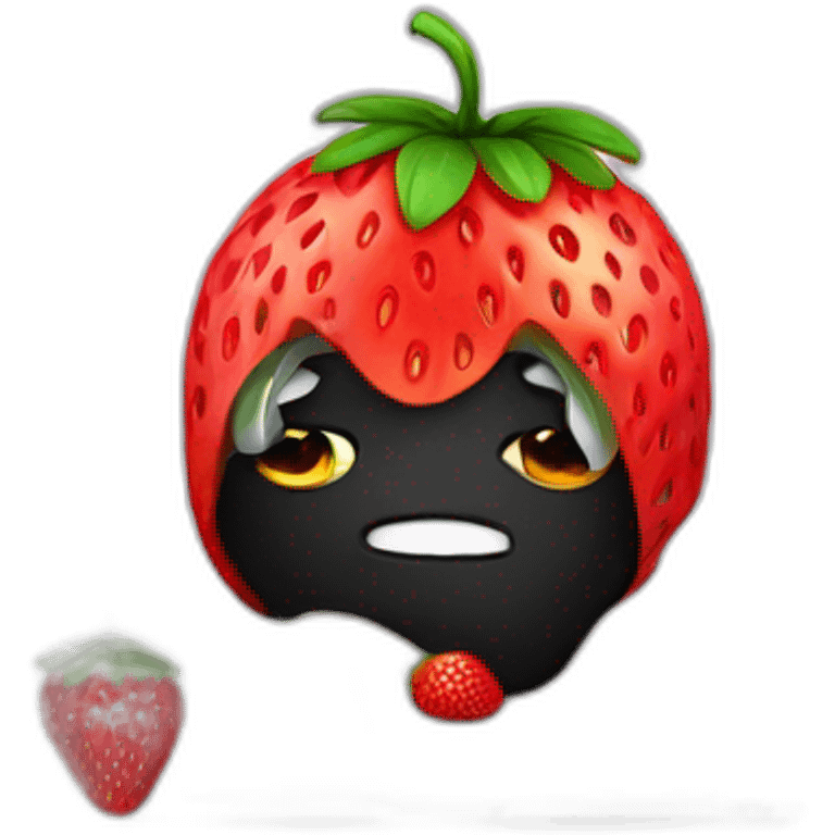 a human with a strawberry head with eyes ect sitting in front of a laptop, wearing a balaclava and looking mischievous. emoji