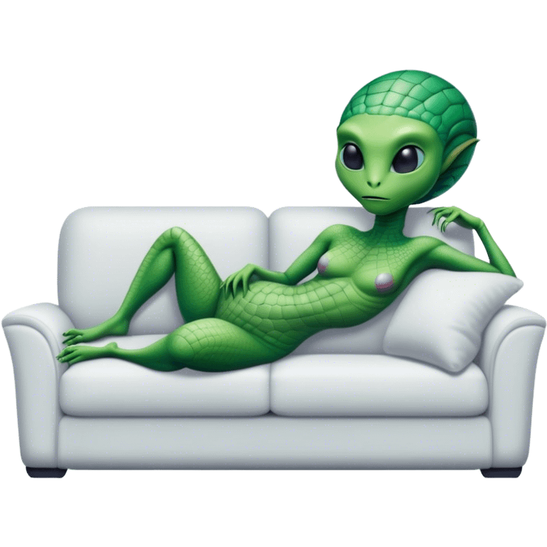 a reptilian alien woman, lie on couch comfy, full figure emoji