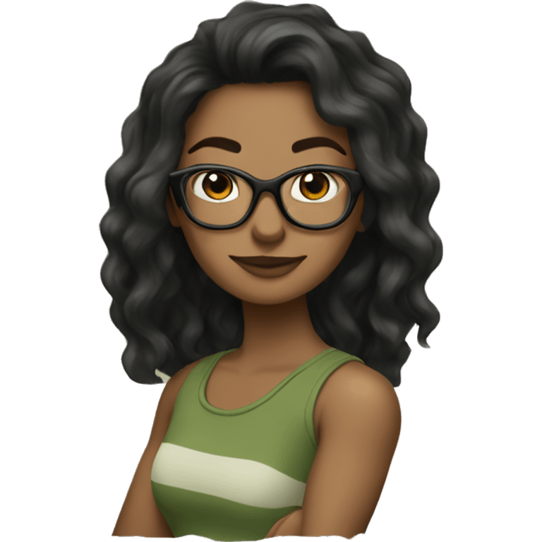 white skined woman with wavy long black hair with a olive green tank top with glasses tortoise  emoji