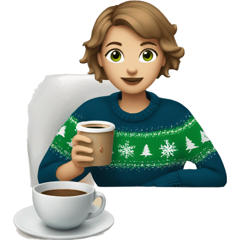 Light brown short haired girl with green eyes drinking coffee wearing blue Christmas sweater emoji