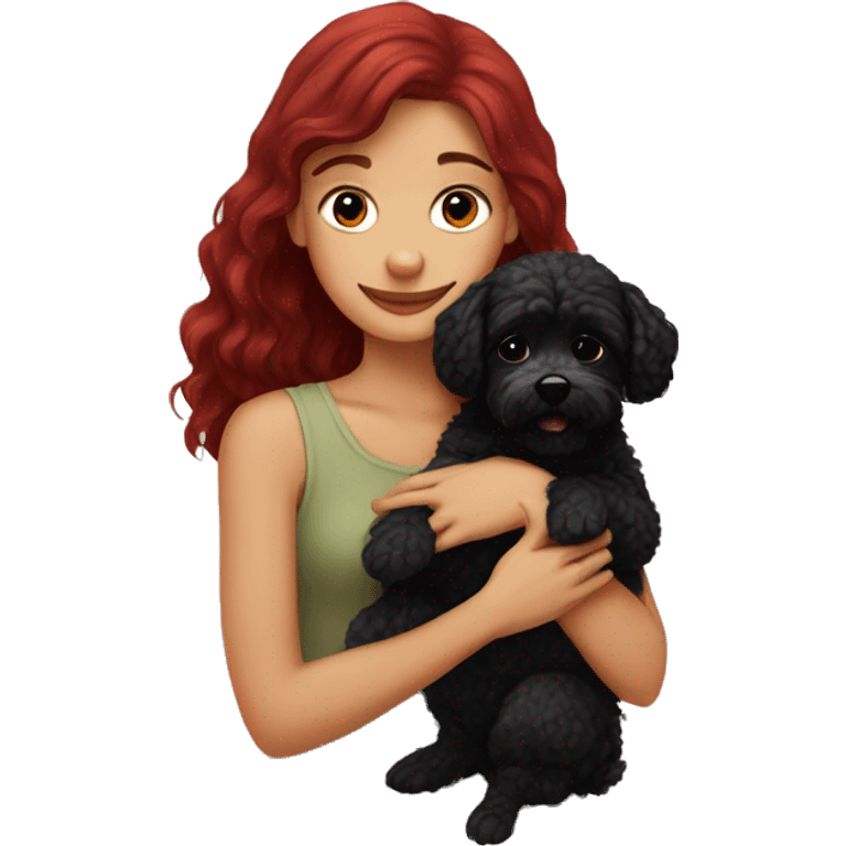 Dark-red-haired girl hugs  her Maltipoo-Black-dog emoji