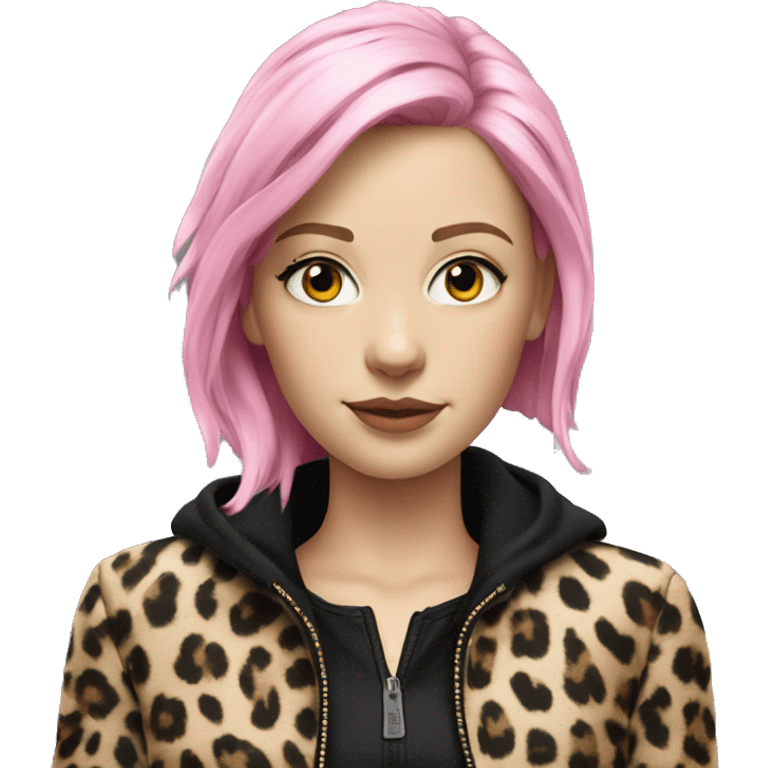 Hyperrealistic WHITE GIRL WITH BLACK AND PINK HAIR AND A JACKET OF LEOPARD AND BLACK SHIRT  emoji