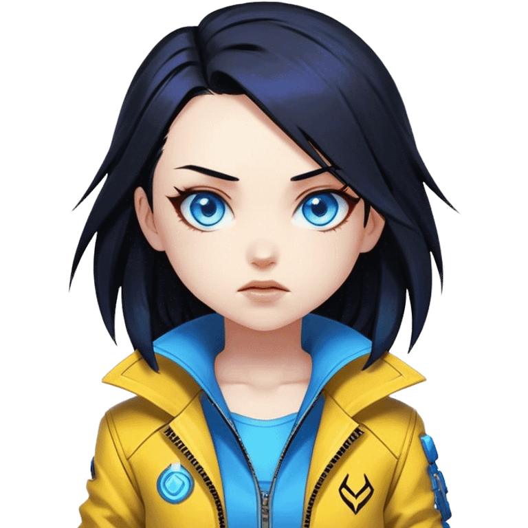 Long Black hair cyberpunk 2077 chibi girl with blazing blue eyes and yellow jacket from the animation show cyberpunk edge runners. All emotion reactions emoji