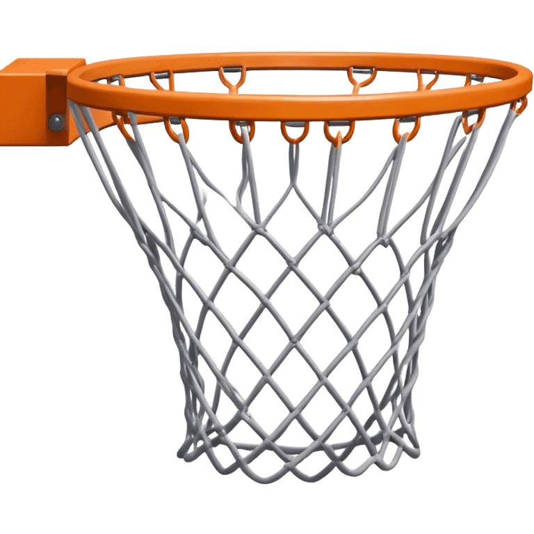 Cinematic Realistic image of a basketball hoop with a detailed metal rim and intricately woven net, captured in dynamic lighting that evokes the charged atmosphere of a competitive court emoji