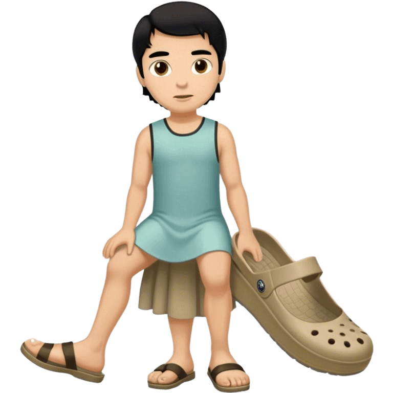 Man with black hair brown eyes. Wearin a dress and siren crocs emoji