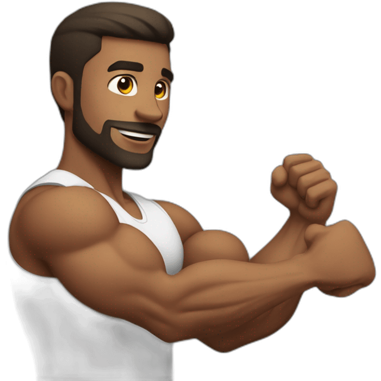 Fitness trainer man demonstrates biceps emoji