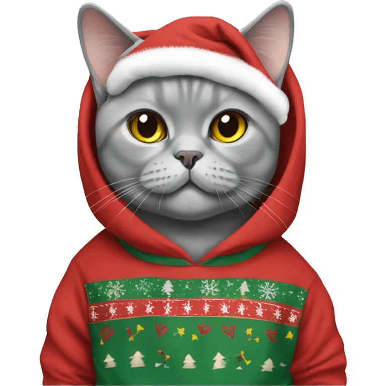 British shorthair cat wearing christmas Sweatshirt  emoji