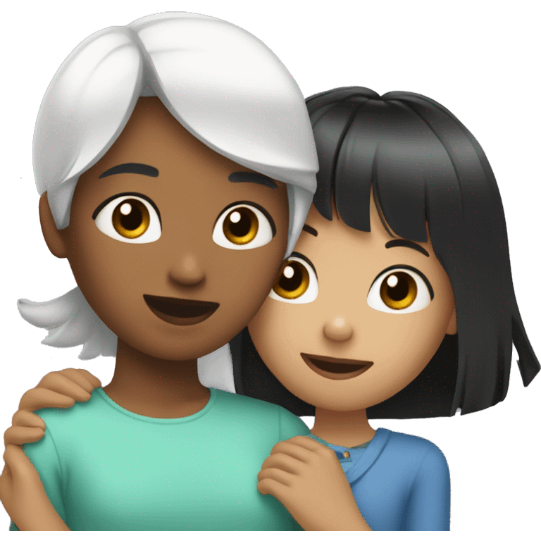 A girl with a square of black hair hugs a girl with bangs and white hair emoji