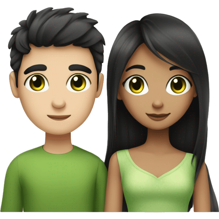 Create an emoji of a black-haired girl with super long eyelashes and a cute boy with green eyes, loving each other emoji