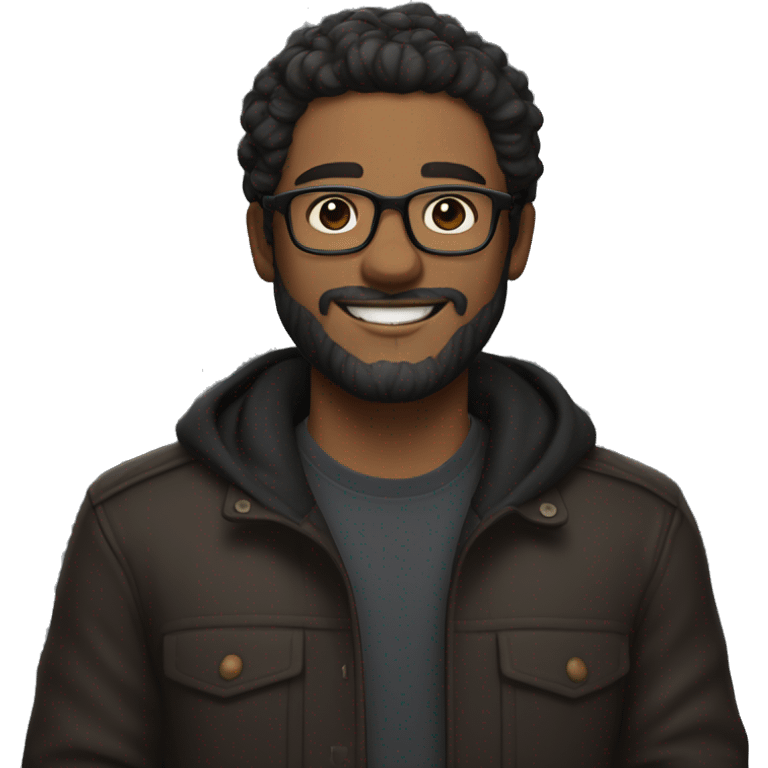 a man with black wavy hair, glasses, a trimmed beard, light brown skin, and a warm smile, wearing a dark outfit with a friendly vibe. emoji