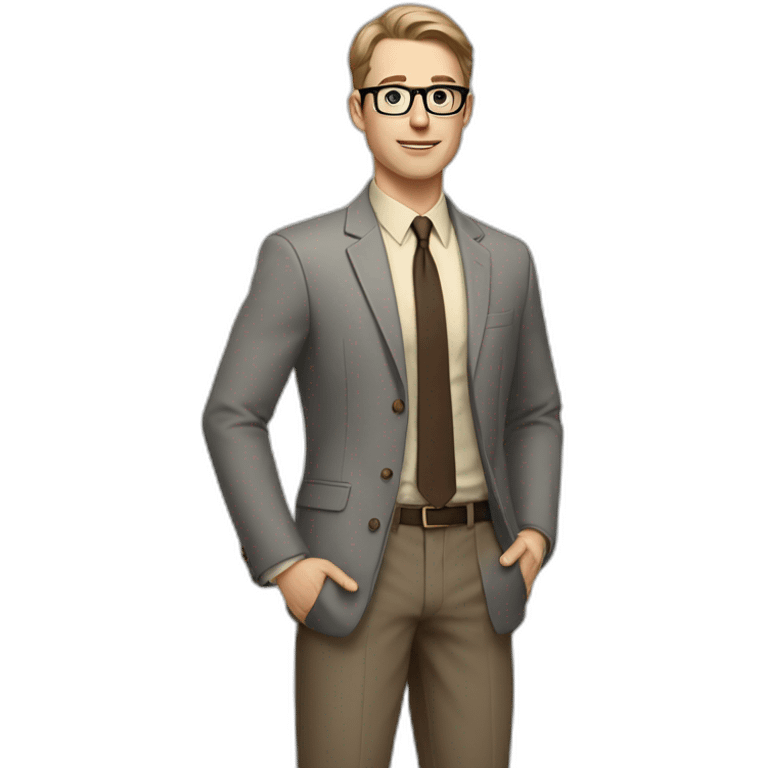 Full height Actively Gesturing Pale skinned fit man with dark brown hair in gray jacket, beige office shirt, brown tie, brown pants and vintage glasses. emoji